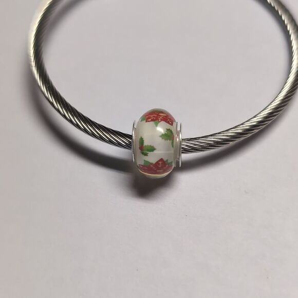 Silver Christmas Holly Charm for Pandora Style Bracelet - Picture 2 of 5